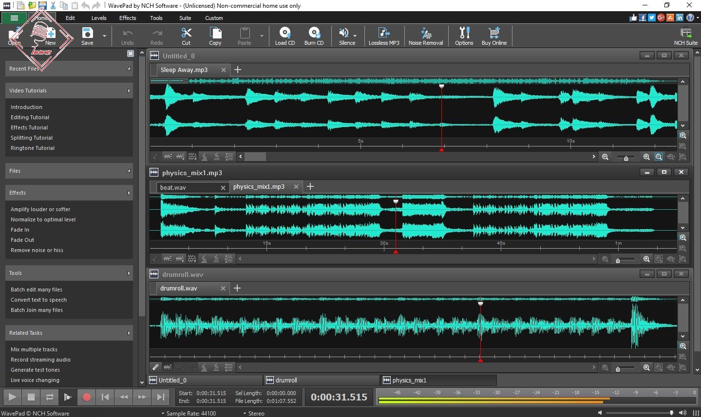 Giao diện phần mềm sáng tác nhạc WavePad Audio Editor Free