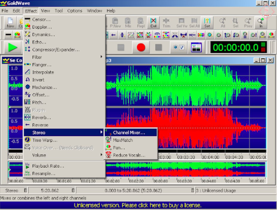 Chọn Effect --> Stereo -->Change Mixer