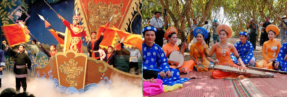 Nhấn vào ảnh để phóng to Loại hình cải lương (trái) và Đờn ca tài tử (phải)